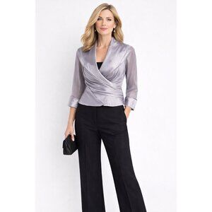 Cachet Silver Metallic Cropped Jacket Wrap Front Formal Evening Size 12